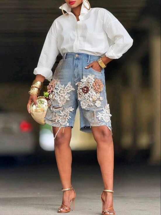 Pants - Women's Light Blue Denim Distressed Shorts - 3D Lace Flower